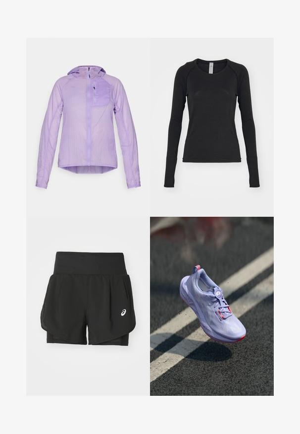 HOKA SKYFLOW JACKET - Giacca a vento - aster flower; Camicia a maniche lunghe nera, realizzata in tessuto morbido. Presenta un collo rotondo e maniche raglan con aperture per il pollice nei polsini. Design minimalista.; Shorts sportivi neri con sovrapposizione in rete traspirante, pantaloni interni con texture liscia e un logo bianco sul lato sinistro.; Scarpa da corsa di colore viola chiaro con una tomaia texturizzata, dettagli rosa, un meccanismo di allacciatura rotondo e una suola maculata, elevata sopra uno sfondo di pavimentazione.