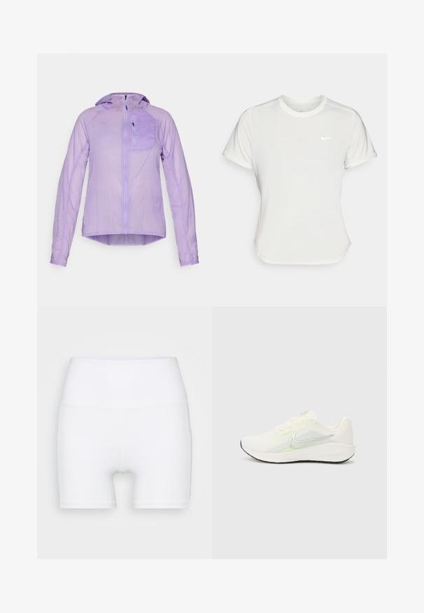 HOKA SKYFLOW JACKET - Vindjacka - aster flower; Nike T-shirt i vitt, kortärmad, rund halsringning, tillverkad av ett mjukt, lätt material. Har en diskret logotyp på bröstet.; Vita högmidjade shorts i stretchtyg. Har en jämn yta och en åtsittande design, utan ytterligare mönster eller detaljer.; Nike Performance DOWNSHIFTER 13 - Väglöparskor - sail/silver-coloured photon dust/summit white/barely volt/black