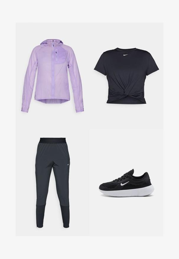 HOKA SKYFLOW JACKET - Veste coupe-vent - aster flower; T-shirt de sport noir en tissu lisse, avec un design avant noué et un petit logo Nike blanc sur la poitrine.; Pantalons de sport Nike en gris foncé, avec une coupe fuselée, une taille élastique et des détails accentués près des poignets.; Chaussure de sport noire avec une tige en mesh, un design texturé, un bout rond, une semelle en caoutchouc blanche et un logo Nike sur le côté.