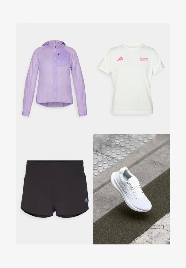 HOKA SKYFLOW JACKET - Windbreaker - aster flower; White short-sleeve T-shirt with pink Adidas logo on left chest and BMW Berlin Marathon logo on right chest.; Black athletic shorts with a textured finish, featuring a wide waistband and an Adidas logo in light blue on the lower left side.; White athletic shoe featuring a mesh upper, lace-up design, and textured sole. Subtle branding and seamless construction details visible.