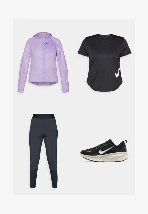 HOKA SKYFLOW JACKET - Giacca a vento - aster flower; Maglietta sportiva nera a maniche corte, con il logo swoosh bianco di Nike sul lato inferiore e un orlo arrotondato.; Pantaloni sportivi Nike di colore grigio scuro, caratterizzati da un design con gamba affusolata, vita elasticizzata e dettagli decorativi vicino ai polsini.; Scarpa da corsa nera Nike con tomaia in rete traspirante, logo Swoosh bianco, dettagli testurizzati e intersuola ZoomX di colore crema.