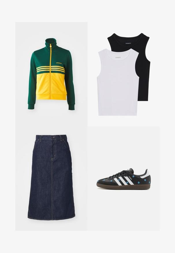 Πράσινη και κίτρινη αθλητική ζακέτα με φερμουάρ και ψηλό γιακά, με τρεις οριζόντιες ρίγες και χρυσό λογότυπο στην επάνω αριστερή πλευρά.; Δύο αμάνικα μπλουζάκια σε μαύρο και λευκό χρώμα, φτιαγμένα από ραμμένο βαμβάκι, με στρογγυλά ντεκολτέ και εφαρμοστό σχέδιο. Ορατές ετικέτες και στα δύο.; Σκούρα τζιν φούστα με ψηλή μέση, ίσια γραμμή, μπροστινές τσέπες και ραμμένες ραφές. Διαθέτει φερμουάρ και κουμπί στην μέση.; Μαύρο δερμάτινο αθλητικό παπούτσι με λευκές ρίγες και κεντημένα λουλούδια σε μπλε. Διαθέτει καφέ ελαστική σόλα και στρογγυλή μύτη.