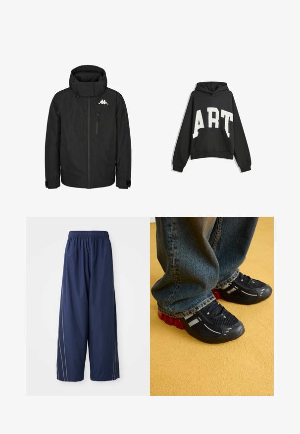 Schwarze isolierte Jacke mit hohem Kragen, Reißverschluss vorne, großer Kapuze, verstellbaren Manschetten und einem Logo auf der Brust. Verfügt über eine seitliche Reißverschlusstasche.; Schwarzer Hoodie mit weißem "ART"-Text. Verfügt über eine Fronttasche, lange Ärmel und eine Kapuze. Hergestellt aus weichem Stoff mit lockerer Passform.; Marineblaue, lässige Hosen mit einem elastischen Bund und seitlichen Streifen in einem helleren Farbton. Aus glattem, leichtem Material gefertigt.; Schwarze Sportschuhe mit einem Mesh-Obermaterial, glänzenden Akzenten und roter Dämpfung an der Sohle, kombiniert mit blauen Jeans.