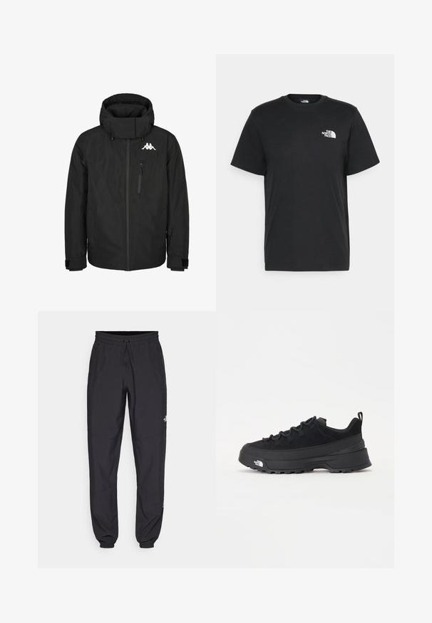 Černá zateplená bunda s vysokým límcem, zapínáním na zip, velkou kapucí, nastavitelné manžety a logem na hrudi. Obsahuje boční kapsu na zip.; Černé bavlněné tričko s krátkými rukávy, kulatým výstřihem a malým bílým logem na levém hrudníku. Jednoduchý design, hladká textura a uvolněný střih.; Černé sportovní kalhoty vyrobené z lehké tkaniny, s páskem na šňůrku, bočními kapsami a zúženými manžetami na kotnících.; Černé venkovní tenisky s horní částí ze semiše, texturovanou gumovou podrážkou a pevným šněrováním. Obsahují zesílenou patu a logo značky na boku.