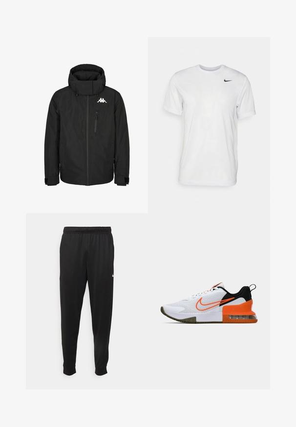 Crna izolirana jakna s visokim ovratnikom, zatvorenim prednjim dijelom, velikom kapuljačom, podešavanim rukavima i logotipom na prsima. Ima bočni zip džep.; Bijela kratkotrajna majica s kratkim rukavima izrađena od glatkog materijala. Ima okrugli izrez i mali crni Nike logo na lijevoj strani prsnog koša.; Crne atletske hlače od glatkog materijala, s elastičnom pasicom, sužavajućim nogavicama i malim bijelim logom na lijevoj strani.; Bijela atletska cipela s teksturiranim mrežastim gornjim dijelom, crnim i narančastim naglascima, debelim gumastim potplatom i prozirnim zračnim jastučićem na peti.