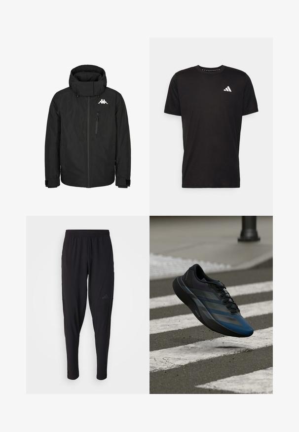 Melna izolēta jaka ar augstu apkakli, ar rāvējslēdzēju priekšpusē, lielu kapuci, regulējamiem aprocēm un logotipu uz krūts. Iespējama sānu rāvējslēdzēja kabata.; Melna kokvilnas t-krekls ar īsām piedurknēm, apaļu dekoltē un balto logo uz kreisā krūts. Gluda tekstūra un vienkāršs dizains.; Melni sporta bikses ar elastīgu jostasvietu, sašaurinātu dizainu, sānu kabatām un smalku logo akcentu. Izgatavotas no elastīga, elpojoša auduma.; Melns un zils sporta apavu ar aerodinamisku dizainu, tam ir teksturēta virsma, kontrastējošas svītras un amortizējoša zolīte, kas peld virs ietves.