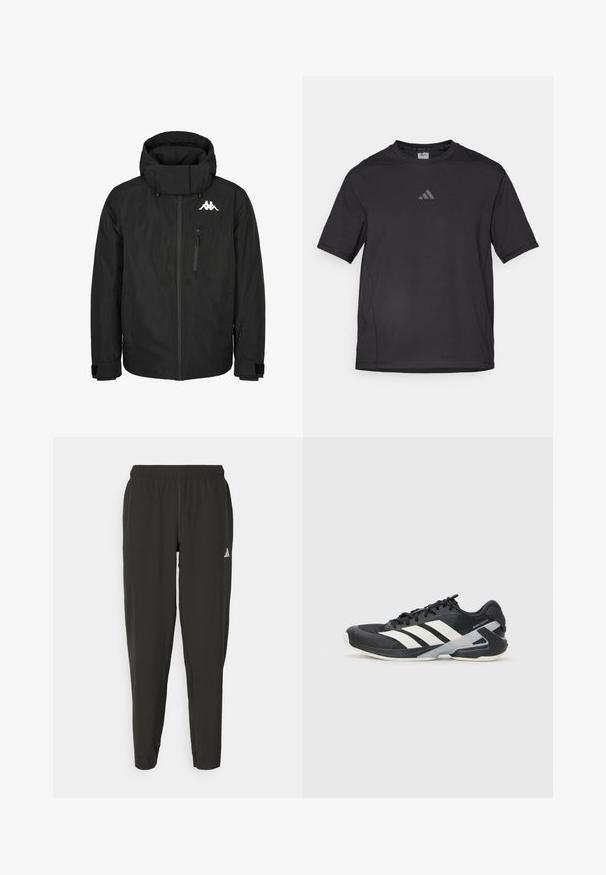Must värviline isoleeritud jakk kõrge kaelusega, lukuga esiosa, suur kapuuts, reguleeritavad mansetid ja logo rinnal. Omab külgmist lukuga taskut.; Must väga hästi hingavast materjalist must sportlik T-särk, millel on lühikesed varrukad, ümmargune kaelus ja peegeldav logo rinnal.; Mustavad spordipüksid elastse vöökoha, kitsas lõige ja valge logo vasakul jalal. Sile, kerge kangas.; Mustad sportlik jalanõud mustade värvidega, valgete triipudega, võrgusilma pealmine osa, ümar varvas ja pehme tallaga. Omab tekstureeritud kontsa ja kindlat paeltesüsteemi.