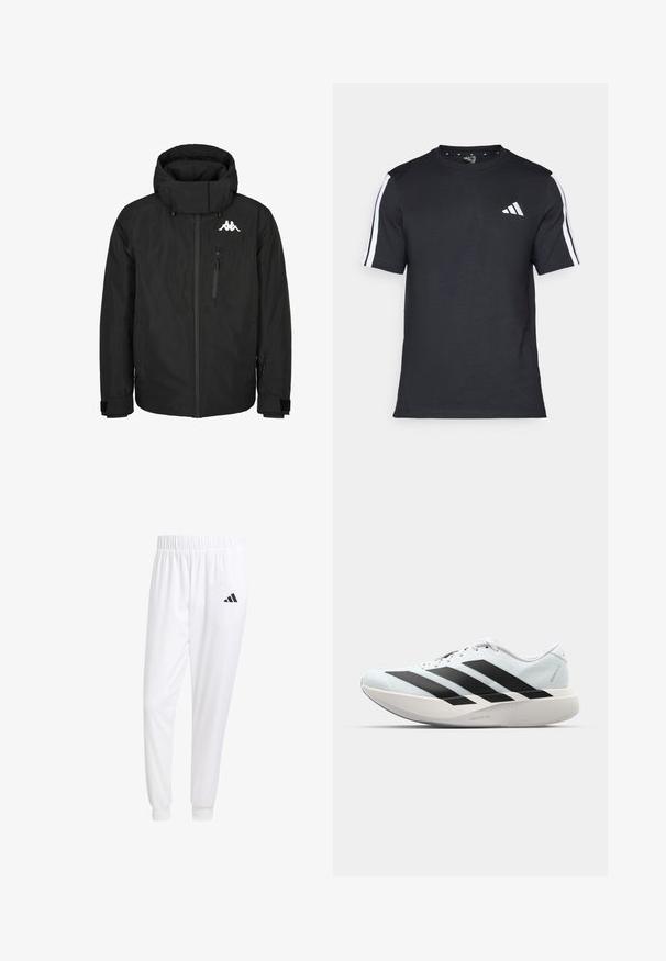 Crna izolirana jakna s visokim ovratnikom, zatvorenim prednjim dijelom, velikom kapuljačom, podešavanim rukavima i logotipom na prsima. Ima bočni zip džep.; Crna majica od pamuka s kratkim rukavima, koja ima bijele pruge na ramenima i bijeli logo na lijevoj strani prsiju.; Bijele atletske hlače od glatkog materijala, sa elastičnom vrpcom u struku i pripijenim manžetama, sa crnim logom na stražnjem džepu.; Lagane tenisice za trčanje u svijetloplavoj boji s crnim trakama. Imaju glatku gornju površinu, okrugli vrh i debeli bijeli srednji sloj označen "LIGHTSTRIKE PRO."