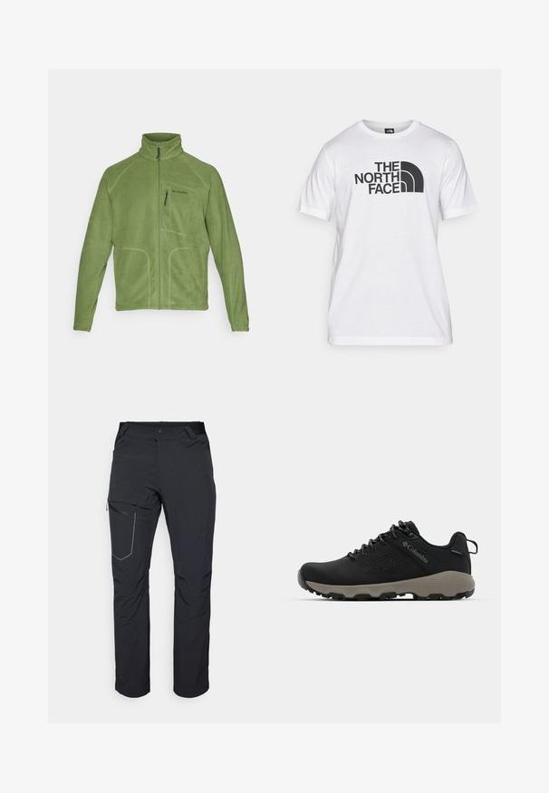 Columbia FAST TREK™ FULL ZIP - Jakna od flisa - canteen; Bjela pamučna majica s crnim grafičkim printom koji uključuje tekst i zakrivljeni dizajn logotipa. Okrugli izrez i kratki rukavi. Jednostavna tekstura.; Crne vanjske hlače s patentnim zatvaračem na butu, elastičnim pojasom i glatkim, vodootpornim materijalom. Čist dizajn bez vidljivih logotipa.; Crne planinarske cipele s glatkim gornjim dijelom, perforiranim dizajnom, sivoj potplati i ojačanim petom. Sadrže vezice i petlju za lakše oblačenje.