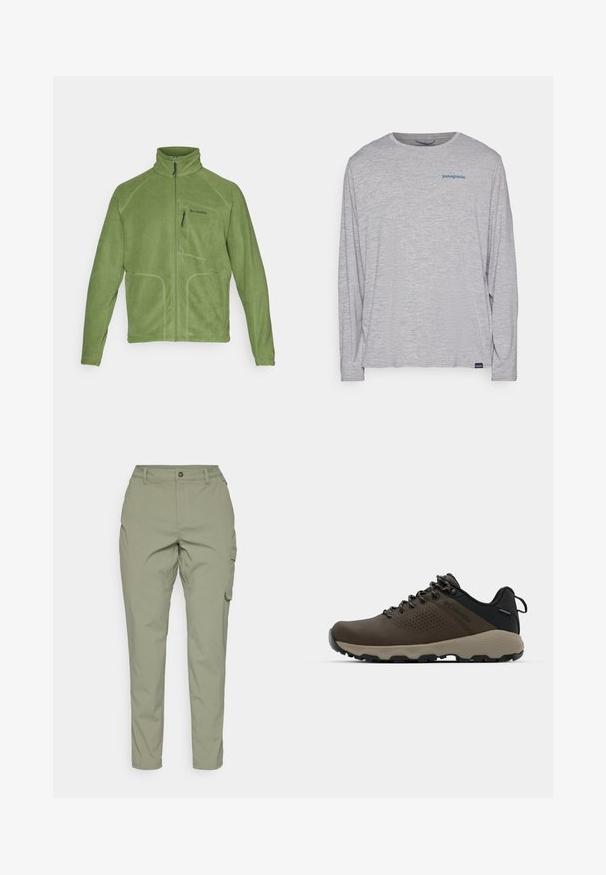 Columbia FAST TREK™ FULL ZIP - Fliisjakk - canteen; Heledhalli pikkade varrukatega t-särk, mis on valmistatud pehmest, tekstureeritud kangast. Omab ümberkaela lõiget ja väikest sinist Patagonia logo rinna peal.; Heledad oliivrohelised cargo-püksid otse sääre disainiga, ees nupuga lukustus ja küljetaskud funktsionaalsuse jaoks. Sile ja vastupidav kanga.; Kohandatud veekindlad pruunid spordijalatsid tekstuuriga pealisega, perforatsioonidega detailid, must kandetoetav osa ja hall kummine sisetald. Paelad on metallist otstega.