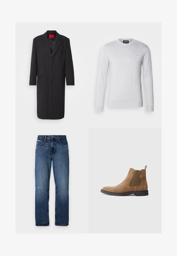 Svart ullblandad kappa med en skräddarsydd silhuett, notchade slag, två framfickor och en glansig innertyg. Varumärkesetikett synlig.; Ljusgrå stickad tröja med långa ärmar, rund halsringning och en liten logotyp broderad på bröstet. Mjuk textur, avslappnad design.; Blå denimjeans med rak bendesign. Har urtvättade områden och lätt slitage på framsidan, samt en klassisk knappstängning.; Brun mocka Chelsea-stövlar med elastiska sidopaneler och en dragflik. Har en rundad tå och en platt gummisula för stabilitet.