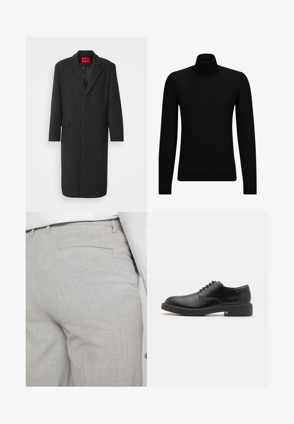Juodas vilnos mišinio paltas su pritaikytu siluetu, išpjautomis apykaklėmis, dviem priekinėmis kišenėmis ir blizgiu interjero pamušalu. Matoma prekės ženklo etiketė.; Juodas aukšto kaklo megztinis, pagamintas iš minkštos medžiagos, su ilgomis rankovėmis ir prigludusia forma. Su raukiniais apačioje ir rankogaliuose. Paprastas dizainas.; Šviesiai pilkos spalvos pritaikytos kelnės iš faktūrinės medžiagos, turinčios vieną užpakalinę kišenę ir tvarkingus siūlus.; Juodas odinis batų modelis su raišteliais, apvaliu nosiu, lygiu paviršiumi, minimaliai siuvinėjimu ir žemu guminėmis pakulne. Ant pakulnės šalia logo.