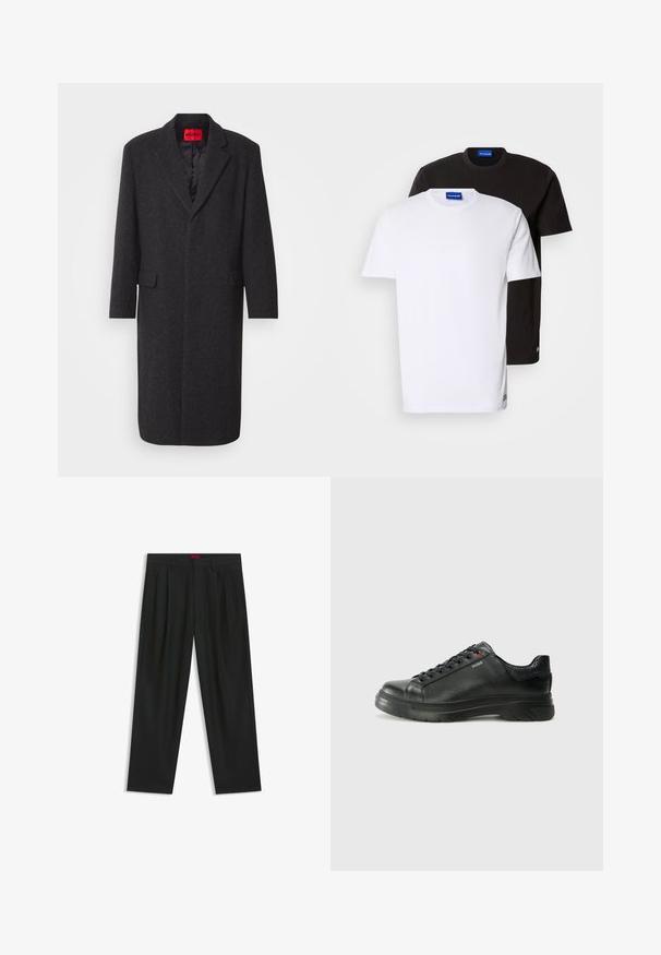 Cappotto in misto lana nero con silhouette sartoriale, revers a punta, due tasche frontali e rivestimento interno lucido. Etichetta del marchio visibile.; Due magliette impilate: una bianca e una nera. Maniche corte, scollature rotonde, tessuto di cotone. Presentano un piccolo logo blu sul colletto.; Pantaloni neri con un design plissè, forma a gamba larga e texture liscia. Presentano un'etichetta rossa in vita.; Sneaker nera in pelle con superficie testurizzata, collo imbottito e dettaglio logo rosso. Presenta una suola in gomma spessa con un motivo di battistrada distintivo.