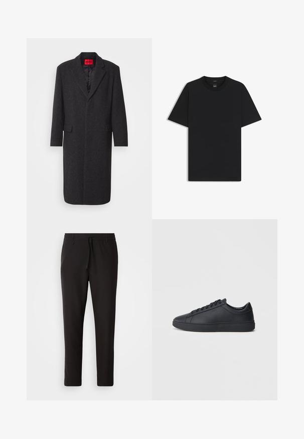 Zwarte wolmix jas met een getailleerde silhouet, geknipte revers, twee voorzakken en een glanzende binnvoering. Merkenlabel zichtbaar.; Zwarte korte mouwen T-shirt van een gladde katoenmix, met een ronde halslijn en een minimalistisch ontwerp zonder patronen of accenten.; Zwarte joggingsbroek van gladde stof. Kenmerkt zich door een elastische tailleband met een trekkoord, taps toelopende benen en geen zichtbare zakken. Eenvoudig ontwerp.; Zwarte sneakers van glad leer met een lage schacht, ronde neus en platte rubberen zool. Voorzien van veters en subtiele branding.