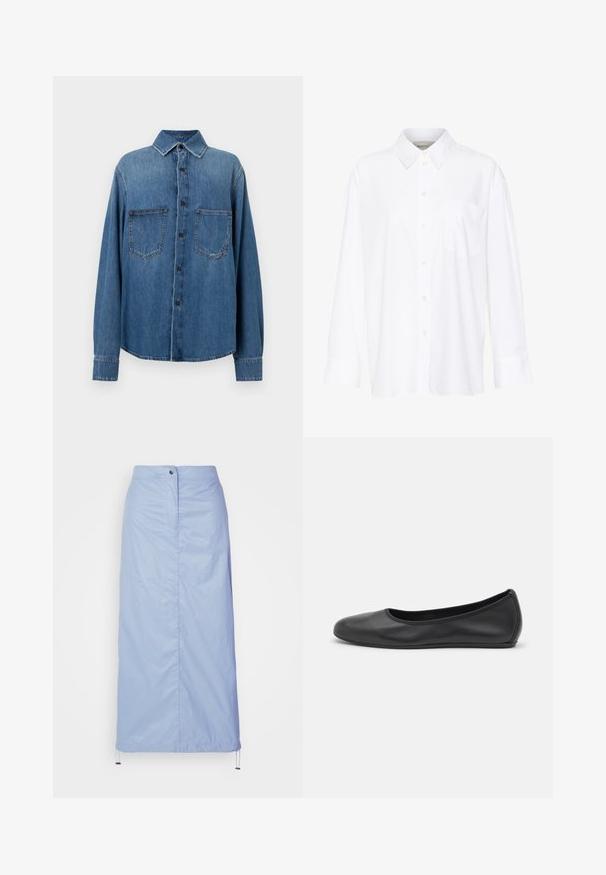 Denimová košile ve středně modré barvě s klasickým límcem, předním zapínáním na knoflíky, dvěma náprsními kapsami a dlouhými rukávy s knoflíkovými manžetami.; Bílá košile s dlouhým rukávem a límečkem vyrobená z bavlny. Má knoflíkovou přední část a jedno kapsičku na prsou. Hladký povrch, volný střih.; Světle modrá sukně střední délky vyrobená z hladkého, lehkého materiálu se rovnými liniemi, má přední zapínání na knoflíky a spodní lem se stahovací šňůrkou.; Černé kožené baletní byty s kulatou špičkou, hladkou texturou, minimálními švy a flexibilním designem podrážky.