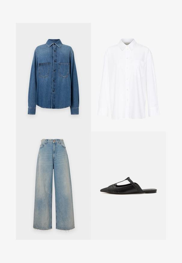 Jeansová košeľa v stredne modrej farbe s klasickým golierom, predným zapínaním na gombíky, dvomi náprsními vreckami a dlhými rukávmi so zapínaním na gombíky.; Biela košeľa s dlhým rukávom a golierom vyrobená z bavlny. Má zapínanie na gombíky vpredu a jednu náprsníku vrecko. Hladká textúra, voľný strih.; Svetlomodré džínsy širokého strihu s odtrhnutým lemom, piatimi vreckami a gombíkovým zapínaním. Na prednej strane majú mierne poškodenie.; Čierne kožené sandále so špičatou špičkou, ktoré majú tkaný detail a zborený dizajn vrchnej časti. Plochá podrážka s minimálnym hardvérom.