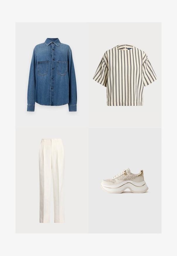 Denim shirt in medium blue with a classic collar, front button closure, two chest pockets, and long sleeves with button cuffs.; Short-sleeve, striped top in cream and navy, featuring a round neckline and boxy design with a textured fabric.; Polo Ralph Lauren HEMP WIDE LEG PANT - Trousers - nevis; Beige and gold platform sneaker with "MK" pattern, lace-up front, gold charm, and thick wavy sole against plain background.