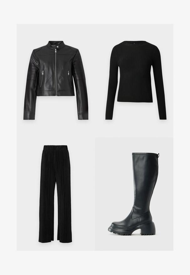 Černá kožená zkrácená bunda s vysokým límcem, zapínáním na zip a vodorovnými stehy na rukávech. Obsahuje dvě kapsy na zip.; Černý žebrovaný dlouhý rukáv těsně padnoucí svetr s kulatým výstřihem, vystavený na jednoduchém světlém pozadí.; Černé plisované kalhoty s elastickým pasem. Mají široké nohavice a hladkou, strukturovanou tkaninu s vertikálními pruhy.; Vysoká černá kožená bota s masivní platformou a blokovým podpatkem, s poutkem a texturovaným vzorkem na podrážce.