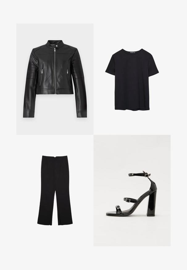 Čierna kožená skrátená bunda s vysokým golierom, predným zipsom a horizontálnymi prešívacími detailmi na rukávoch. Obsahuje dve vrecká so zipsom.; Jednoduché čierne bavlnené tričko s krátkym rukávom a okrúhlym výstrihom, umiestnené na bielom pozadí.; Čierne nohavice so strihom rovného strihu, s prednými vreckami a bočnými rozparkami na leme. Vyrobené z mäkkej, hladkej tkaniny. Vhodné na rôzne príležitosti.; Čierne lakované sandále na podpätku so štvorcovou špičkou, navlečenými remienkami okolo členku a striebornými prackami. Disponujú masívnym blokovým podpätkom pre stabilitu.