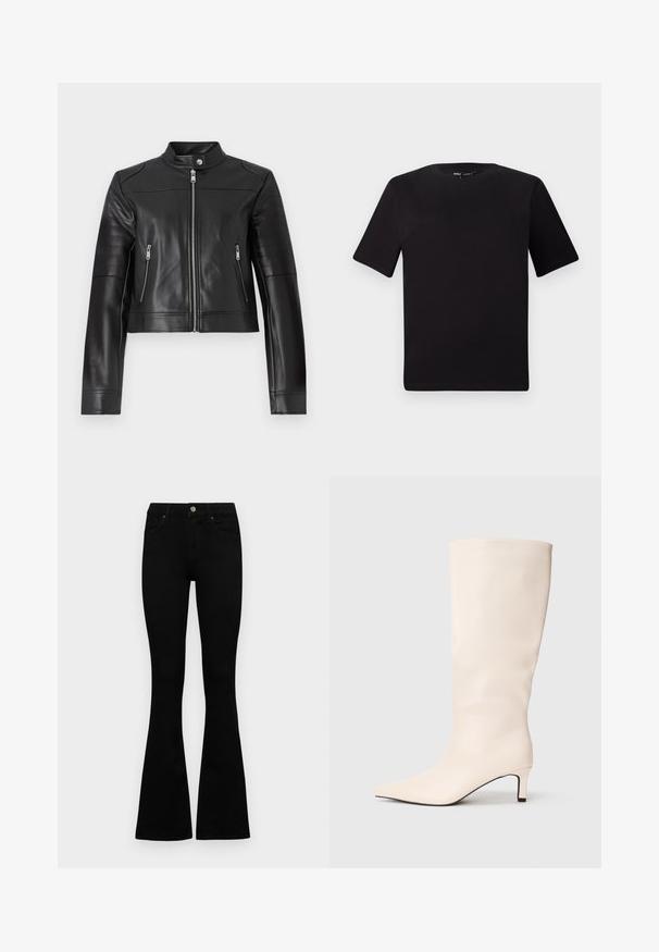 Črna usnjena krača jakna z visokim ovratnikom, zadrgo spredaj in vodoravnimi šivi na rokavih. Ima dva žepa z zadrgo.; Črna majica s kratkimi rokavi in okroglim izrezom, izdelana iz mehkega bombažnega materiala. Preprost dizajn, brez vidnih logotipov ali vzorcev.; Črne visokotopne kavbojke z gumbom in zadrgo, sprednjimi žepi in razširjenimi hlačnicami, poleg bel background.; Kremni usnjeni čevlji do kolen s koničastim nosom in nizko peto na nevtralni podlagi.