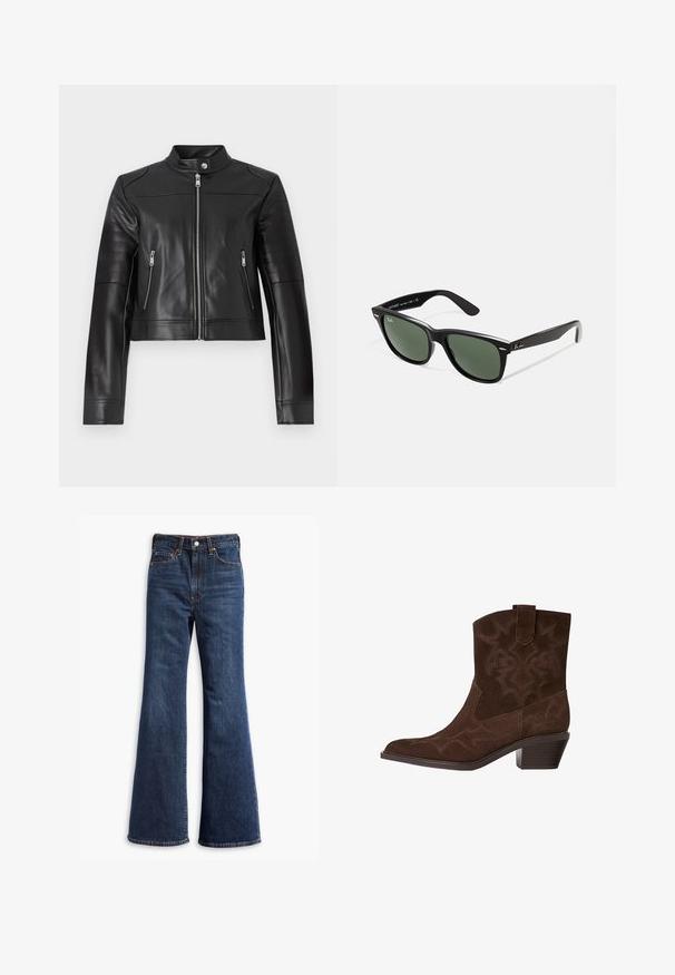 Crna kožna kratica jakna s visokim ovratnikom, prednjim patentnim zatvaračem i horizontalno prošivenim detaljima na rukavima. Ima dva džepa s patentnim zatvaračem.; Bijela rebrasta majica dugih rukava s brodoglavim izrezom. Tkanina je glatka, oblikovana i ima uredan završetak na manžetama i rubu.; Traperice tamnoplave boje s visokim strukom, širokim nogavicama, prednjim kopčanjem na dugme i patentni zatvarač, te dizajnom s pet džepova.; Smeđi ante jahački čizmasti s oštrim vrhom, dekorativnim šavovima, visinom do gležnja i složenim potplatom. Ima povlačnu traku za lako obuvanje.; Crne plastične sunčane naočale s zelenim staklima, kvadratni okviri, srebrni naglasak na obrvi i teksturirane ručke. Naziv brenda naveden na unutrašnjoj strani ručke.