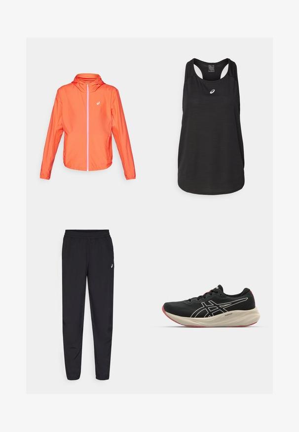 Lengvas oranžinis džemperis su gobtuvu, pilnu užtrauktuku, kontrastinga rožine užtrauktuko detale ir elastinėmis rankovėmis. Sklandži medžiaga, atspari vandeniui.; Juodas sportinis marškinėlis be rankovių, pagamintas iš lengvos medžiagos. Turi apvalų iškirpimą, lenktą nugarą ir mažą baltą logotipą priekyje.; Juodos sportinės kelnės su elastingu juosmeniu, siaurėjančiomis kojomis su gumytėmis, pagamintos iš lengvo, glotnaus audinio, su maža logo ant šlaunies.; Juodas bėgimo batelis su tinklinio audinio viršutine dalimi ir baltais akcentais. Yra paminkštintas tarpiklis ir raudona pado detalė. Lengvas dizainas.