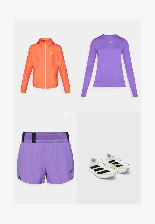 Lightweight orange jacket with a hood, full zipper, contrasting pink zipper detail, and elastic cuffs. Smooth, water-resistant material.; Long-sleeve athletic top in light purple fabric, featuring a fitted design, round neck, and subtle texture with logo detail on the chest.; ASICS METARUN SPLIT SHORT - Sports shorts - edo purple; White athletic shoes with black stripes and branding, featuring a mesh upper, rounded toe, and thick cream sole for cushioning.