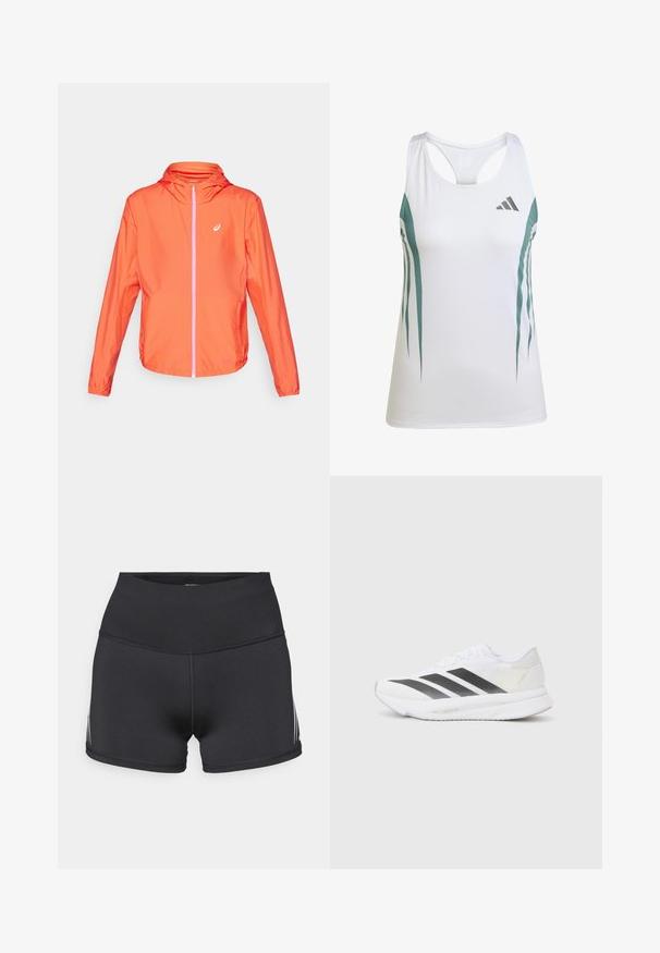 Lightweight orange jacket with a hood, full zipper, contrasting pink zipper detail, and elastic cuffs. Smooth, water-resistant material.; White athletic tank top with teal accents and a geometric pattern. Features a racerback design and lightweight, textured fabric.; Black athletic shorts with a high waistband, made of stretch fabric. Features white side stripes and flatlock seams for comfort.; White athletic shoe with black diagonal stripes, mesh upper, rounded toe, and textured sole. Accents include a silver heel and minimalistic design.