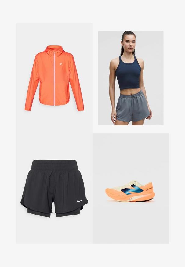 Lichte oranje jack met capuchon, volledige rits, contrasterende roze ritsdetails en elastische manchetten. Glad, waterafstotend materiaal.; Marineblauwe geribbelde sportcrop top met dunne bandjes, gecombineerd met lichtgrijze shorts met elastische tailleband, voorzien van een relaxte pasvorm en een trekkoord.; Zwarte sportshorts met een elastische tailleband, binnenvoering en zijsplitten. Voorzien van een wit Nike-logo aan de voorkant links.; Hardloopschoen met een lichtgewicht crèmekleurige bovenkant, blauwe branding en oranje accenten op de zool. Mesh textuur voor ademend vermogen.