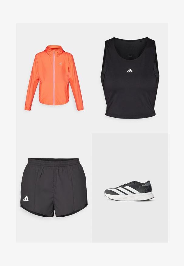 Jaquetão laranja leve com capuz, fecho éclair completo, detalhe do fecho éclair em rosa contrastante e punhos elásticos. Material liso e resistente à água.; Top desportivo preto, feito de tecido que absorve a humidade, com decote redondo, design sem mangas e logotipo branco no peito.; Calções atléticos pretos feitos de tecido leve, com um cós elástico e um logo branco da Adidas no canto inferior esquerdo.; Shoe atlético preto com riscas brancas, parte superior em malha, sola acolchoada e um design elegante. Detalhes em cinza no calcanhar e na lingueta.