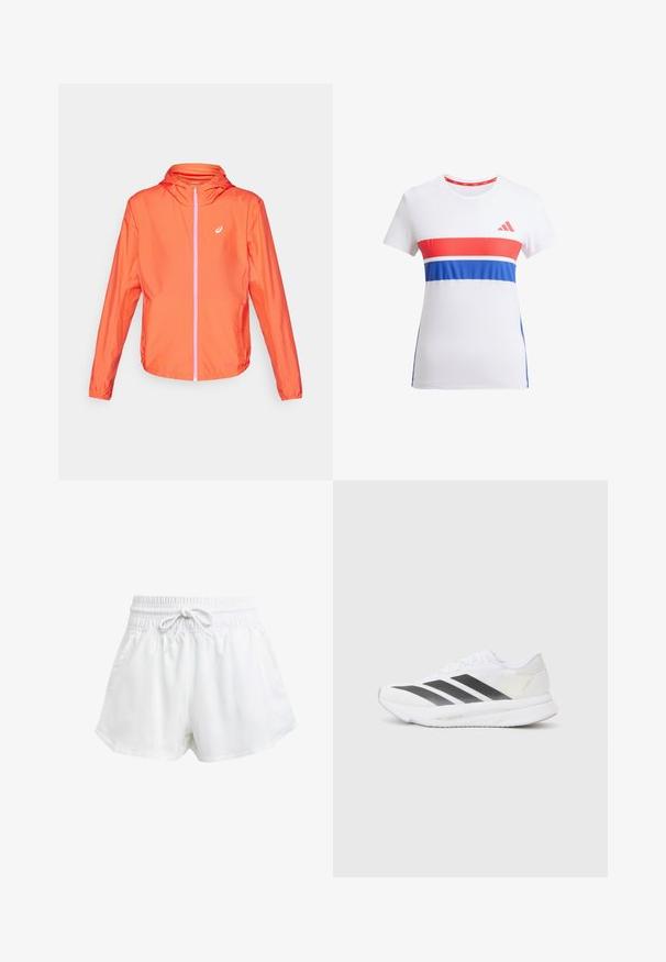 Giacca leggera arancione con cappuccio, zip full, dettagli in zip rosa a contrasto e polsini elastici. Materiale liscio e resistente all'acqua.; T-shirt atletica bianca con strisce orizzontali rosse e blu, colletto rotondo, maniche corte e un logo sul petto.; Pantaloni sportivi bianchi con cintura elastica e cordino regolabile. Realizzati in materiale leggero, presentano tasche laterali e una vestibilità ampia.; Scarpa sportiva bianca con strisce diagonali nere, tomaia in rete, punta arrotondata e suola testurizzata. Gli accenti includono un tallone argentato e un design minimalista.