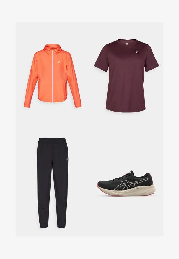 Veste orange légère avec capuche, fermeture éclair intégrale, détails de fermeture éclair contrastants en rose et poignets élastiques. Matériau lisse et résistant à l'eau.; T-shirt de sport bordeaux en tissu respirant, avec des manches courtes et un col rond, présentant un petit logo sur la poitrine.; Pantalons de sport noirs avec une taille élastique, des jambes fuselées avec des poignets, fabriqués dans un matériau léger et lisse, et un petit logo sur la cuisse.; Chaussure de course noire avec un dessus en maille et des accents blancs. Caractéristiques d'une semelle intermédiaire rembourrée et d'un détail de semelle extérieure rouge. Design léger.