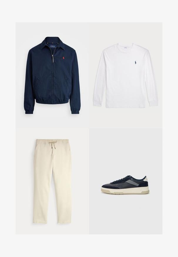 Mörkblå jacka gjord av lättviktsmaterial, med dragkedja fram, elastiska ärmslut och sidofickor. Litet rött logotyp på bröstet.; Vit långärmad T-shirt tillverkad av bomull. Har en rund halsringning, ribbade ärmslut och en liten marinblå polo-logotyp på vänster bröst.; Off-white casual byxor med elastisk midja och snörning, raka ben och sidofickor mot en enfärgad bakgrund.; BOSS BALTIMORE - Sneakers - open blue