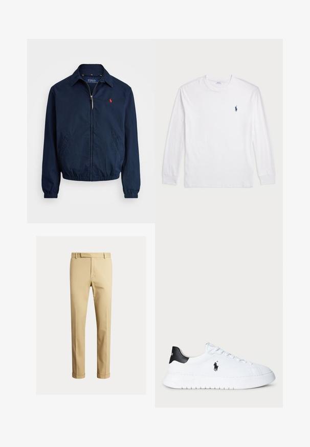 Navy blue jacket made of lightweight fabric, featuring a front zipper, elastic cuffs, and side pockets. Small red logo on the chest.; White long-sleeve T-shirt made of cotton. Features a round neckline, ribbed cuffs, and a small navy blue polo logo on the left chest.; Khaki chinos made of smooth cotton fabric, featuring a fitted design, front pleats, and cuffs at the ankle for a tapered look.; White low-top sneaker with black heel tab and black Polo Ralph Lauren logo on side, featuring white laces and thick rubber sole.