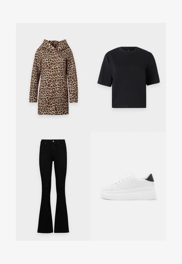 Leopard print coat with a pointed collar, long sleeves, and an open front design. Made of a textured fabric in shades of brown and black.; Black short-sleeve t-shirt, round neckline, made from smooth cotton fabric; relaxed fit, minimal design, no visible patterns or accents.; Black high-waist jeans with a button and zip closure, front pockets, and flared legs laid flat on a white background.; White platform sneakers made of smooth synthetic material, featuring a rounded toe, lace-up design, and a textured rubber sole. Black heel accent.