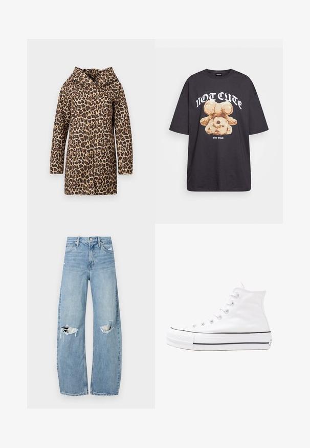 Leopardų rašto paltas su smailiu apykakle, ilgomis rankovėmis ir atviru dizainu. Pagamintas iš tekstūrinio audinio rudų ir juodų atspalvių.; Juodas per didelis marškinėliai su bearo grafika ir tekstu "NE SIAUBINGA, BET NERAMUS" bold baltomis raidėmis. Pagaminta iš medvilnės.; Šviesiai mėlynos, aukštu juosmeniu džinsai pagaminti iš džinsinio audinio. Turi plačias kojų kelnes, dvi suplėšytas kelio vietas ir klasikinį penkių kišenių dizainą.; Balti aukštakulniai drobės sportbačiai su juodu guminio pado, priekinio guminio piršto dangteliu ir šešiais akytėmis raištams, pasižymintys švariu, minimalistiniu dizainu.