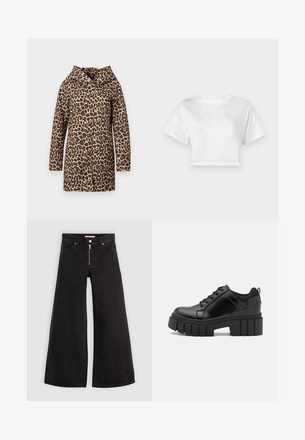 Leopard print coat with a pointed collar, long sleeves, and an open front design. Made of a textured fabric in shades of brown and black.; White cropped t-shirt made of cotton. Short sleeves, round neckline, smooth texture, casual design without patterns or embellishments.; Wide-leg jeans in black denim with a zippered front, five-pocket design, and subtle stitching details. Smooth texture and casual style.; Black leather platform shoes with a chunky block heel, round toe, and traditional lace-up design. Features smooth texture and minimal detailing.