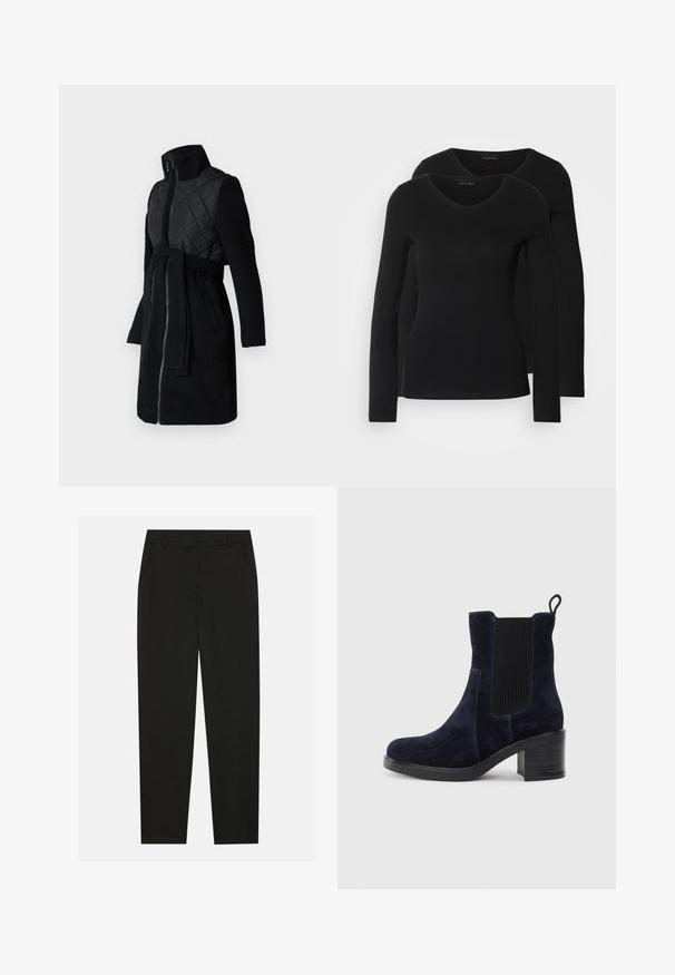 Cappotto nero con una parte superiore trapuntata, maniche lunghe, colletto alto e cintura abbinata, con una finitura liscia e testurizzata.; Due camicie a maniche lunghe nere con design a V, realizzate in tessuto morbido e elasticizzato, che mostrano una superficie liscia e una forma aderente.; Pantaloni neri dal design sartoriale, con tasche laterali e gamba dritta. Realizzati in tessuto liscio e leggero con una finitura elegante.; Stivaletti alla caviglia in camoscio blu navy con pannello elastico laterale, punta tonda e tacco a blocco. Il tessuto testurizzato e la suola liscia aggiungono contrasto.