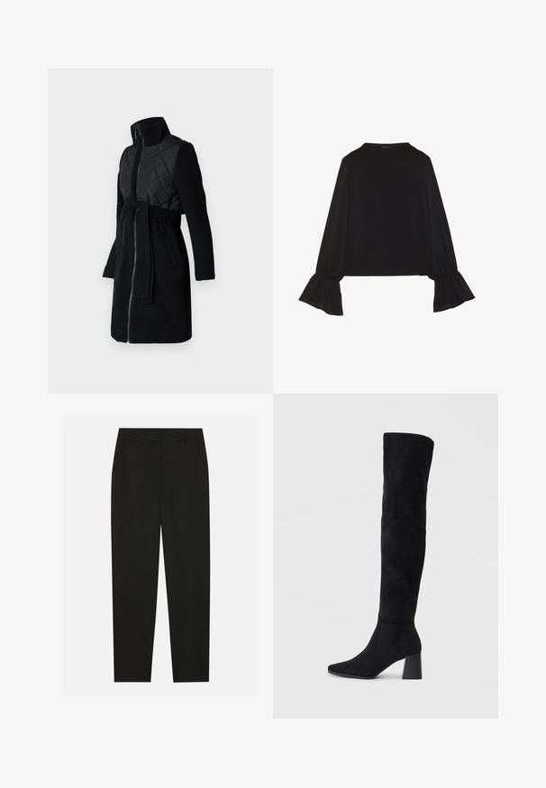 Schwarzer Mantel mit einem gesteppten oberen Abschnitt, langen Ärmeln, einem hohen Kragen und einem passenden Gürtel, mit einer glatten, strukturierten Oberfläche.; Schwarz langärmliges Oberteil mit ausgestellt geschnittenen Bündchen, weicher Textur und entspannter Passform, mit einem schlichten runden Halsausschnitt.; Schwarze Hosen mit taillierter Passform, ausgestattet mit seitlichen Taschen und geradem Bein. Hergestellt aus glattem, leichtem Stoff mit einem eleganten Finish.; Schwarze Wildleder-Stiefel bis zum Knie mit Blockabsatz, spitzer Zehe und glattem, nahtlosem Design auf einem schlichten, hellen Hintergrund.
