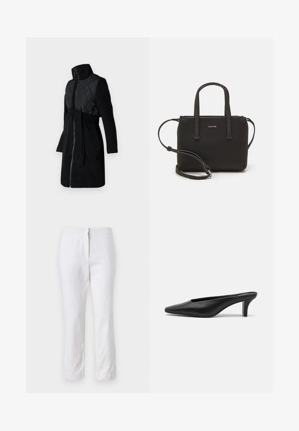 Czarny płaszcz z pikowaną górną częścią, długimi rękawami, wysokim kołnierzem i pasującym paskiem, o gładkim, teksturowanym wykończeniu.; Czarna bawełniana koszulka z dekoltem w serek i krótkimi rękawami. Prosty design o regularnym kroju bez wzorów ani dodatków.; Białe bawełniane spodnie o prostym kroju nogawki, z średnim stanem, bez widocznych elementów metalowych czy wzorów. Gładka tekstura na całej powierzchni.; Czarne skórzane mule z ostrym noskiem i niskim obcasem w szpilkach. Gładka tekstura, minimalistyczny design i otwarty tył dla łatwego zakładania.; Czarna torebka z dwoma krótkimi uchwytami i odpinanym paskiem na ramię. Gładki materiał przypominający skórę, z zamkiem błyskawicznym i detalem z logo.