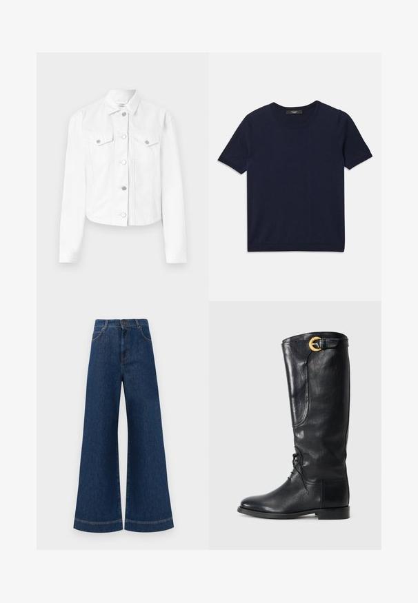 Casaco de ganga branco com gola, mangas longas, dois bolsos no peito e botões prateados, apresentando um design ajustado e uma textura suave.; T-shirt de manga curta azul marinho, feito de tecido suave, com decote redondo e bordas caneladas, textura lisa e sem padrões visíveis.; Jeans azul de perna larga com cintura alta, apresentando um fecho de botão, passantes para cinto e detalhes de costura discretos ao longo dos bolsos e das bainhas.; Bota de couro preta até ao joelho com bico arredondado, atacadores à frente, detalhe lateral e uma fivela dourada no topo. Textura suave.