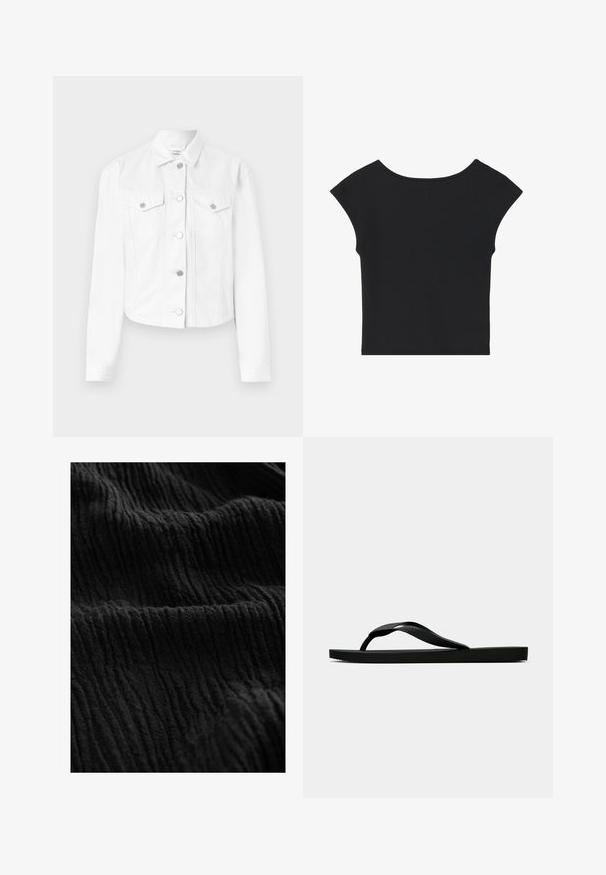 Vit denimjacka med krage, långa ärmar, två bröstfickor och silverknappar, med en kroppsnära passform och slät yta.; Svart kort topp med korta ärmar, rund halsringning och slät tygkvalitet, med en enkel design utan mönster eller dekorationer.; Svart vågig tyg med en strukturerad yta, som har djupa rännor och varierande nyanser som skapar ett tredimensionellt utseende.; Svart gummislip-in sandal med ett texturerat rem och enkel platt sula, visas från sidan på en enkel ljus bakgrund.