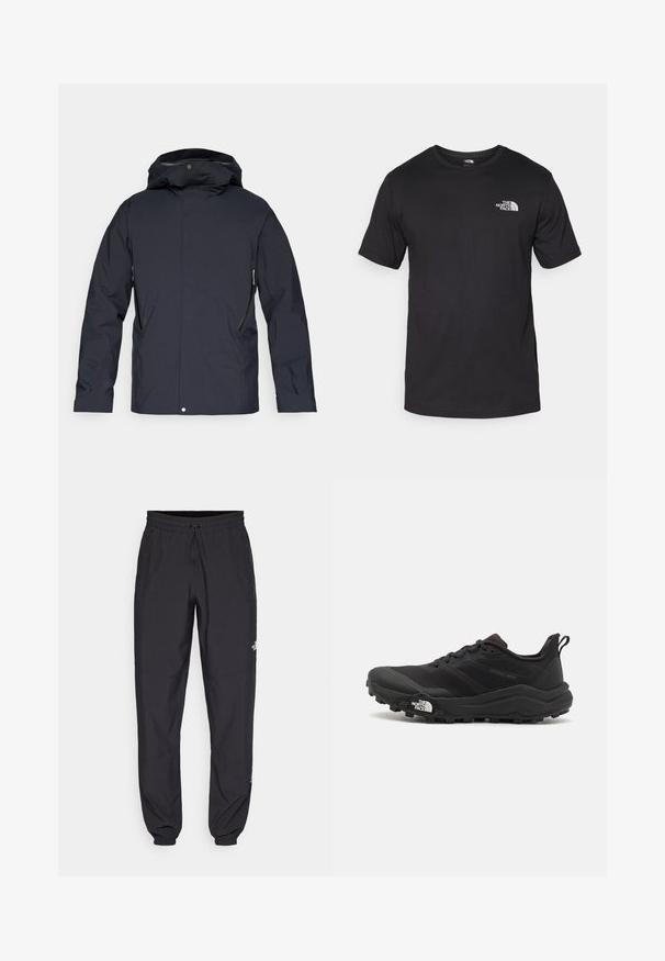 Veste marine résistante à l'eau avec capuche, dotée de deux poches zippées, d'une coupe droite et d'un design minimaliste. Texture lisse.; T-shirt noir à manches courtes en coton, avec un col rond et un petit logo blanc sur le côté supérieur gauche de la poitrine.; Pantalon de sport noir en tissu léger, avec une taille à cordon, des poches latérales et des chevilles resserrées.; Chaussure de trail running noire avec une tige texturée, semelle en caoutchouc et bout renforcé. Présente un col rembourré et une tirette pour un enfilage facile.