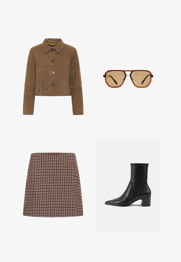 Hnedá semišová skrátená bunda s golierom, vybavená tromi veľkými gombíkmi, dvoma prednými vreckami a hladkou textúrou.; Čierny rolák s dlhými rukávmi, vyrobený z hladkej pleteniny. Má priliehavé telo a rebrované manžety a lem.; Mini sukňa v červenej a krémovej kárované vzore s rovnou siluetou a textúrovanou tkaninou. Bez viditeľného zapínania alebo dekorácií.; Čierne členkové topánky vyrobené z hladkej kože, s špicatou špičkou, blokovým podpätkom a výrazným zvýšeným švom na hornom okraji.; Hnedé osemuholníkové slnečné okuliare s priehľadným jantárovým rámom a hnedými tónovanými sklami. Obsahujú kovový akcent na mostíku a štíhle nožičky.