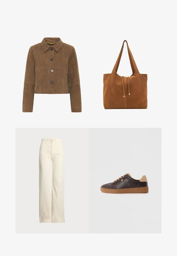 Hnedá semišová skrátená bunda s golierom, vybavená tromi veľkými gombíkmi, dvoma prednými vreckami a hladkou textúrou.; Biela bavlnená tričko s krátkymi rukávmi, s čiernou vyšitou nášivkou "POLO" na prednej strane. Jednoduchý, štvorcový dizajn.; Polo Ralph Lauren COTTON CORDUROY WIDE-LEG PANT - Nohavice - warm white; Tmavohnedé kožené a semišové tenisky s béžovými šnúrkami a podrážkou, zlatý logo akcent a "Michael Kors" vyrazené na podrážke.; Hnedá semišová taška cez rameno s dvoma dlhými popruhmi, sťahovacou šnúrkou a minimalistickým dizajnom. Hladký povrch a žiadne viditeľné kovové doplnky.