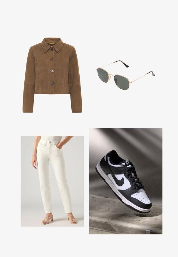 Braune Wildleder-Cropped-Jacke mit einem Kragen, ausgestattet mit drei großen Knöpfen, zwei Fronttaschen und einer glatten Textur.; Weißes, kurzärmliges T-Shirt aus weicher Baumwolle mit rundem Ausschnitt und Raglanärmeln, das einen lockeren, geraden Schnitt ohne Muster aufweist.; Weiße hoch taillierte Jeans mit geradem Schnitt, ausgestattet mit vorderen Taschen, einem Knopfverschluss und glattem Denimstoff. Getragen mit hellen Sandalen.; Schwarz-weißer Nike Dunk Low Sneaker mit Lederobermaterial, perforiertem Zehenbereich und schwarzen Schnürsenkeln, ausgestattet mit einer weißen Sohle und Logo-Akzenten.; Goldfarbene Metallrahmen-Sonnenbrillen mit dunkelgrünen Gläsern im Pilotenstil, mit schlanken Bügeln und Schildpatt-Akzenten an den Spitzen.; Schwarze, gesteppte Lederhandtasche mit einer Kettenriemen, die über einen dekorativen Anhänger verfügt. Weiche Textur, strukturierte Form und lässige Silhouette.
