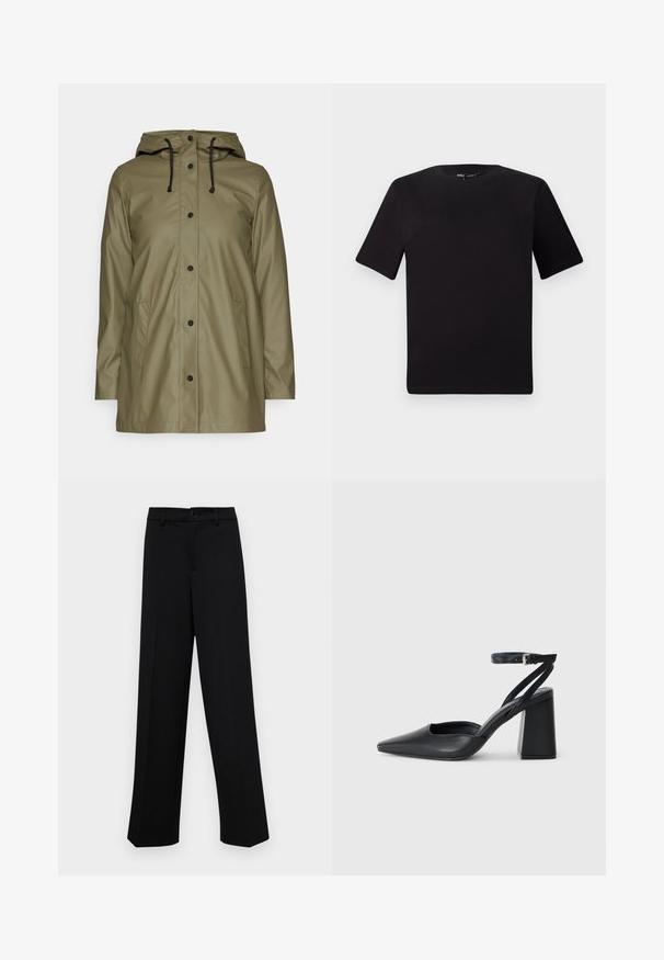 Olive green waterproof jacket with a hood, black drawstrings, snap buttons, and two side pockets; smooth, shiny texture.; Black short-sleeve t-shirt with a round neckline, crafted from soft cotton fabric. Simple design, no visible logos or patterns.; Black wide-leg trousers made of smooth fabric, featuring a classic waistband with a button closure and front pleats.; Black leather pointy-toe pump with an ankle strap and a chunky heel. Flat texture, sleek design, and minimalistic aesthetics.