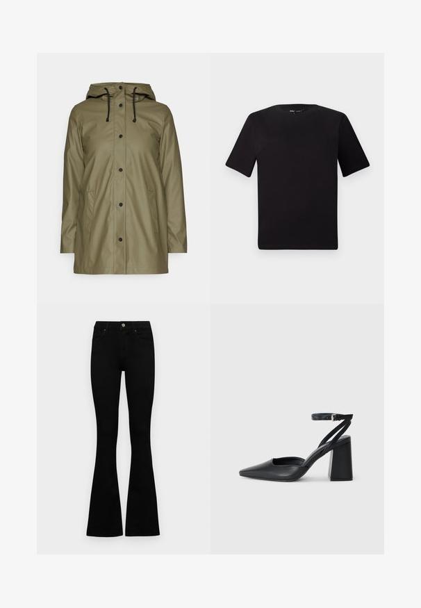 Chaqueta impermeable de color verde oliva con capucha, cordones negros, botones a presión y dos bolsillos laterales; textura lisa y brillante.; Camiseta negra de manga corta con cuello redondo, fabricada en suave algodón. Diseño simple, sin logos ni patrones visibles.; Jeans negros de cintura alta con cierre de botón y cremallera, bolsillos frontales y piernas acampanadas, dispuestos sobre un fondo blanco.; Zapato de tacón puntiagudo de cuero negro con tira en el tobillo y tacón ancho. Textura plana, diseño elegante y estética minimalista.