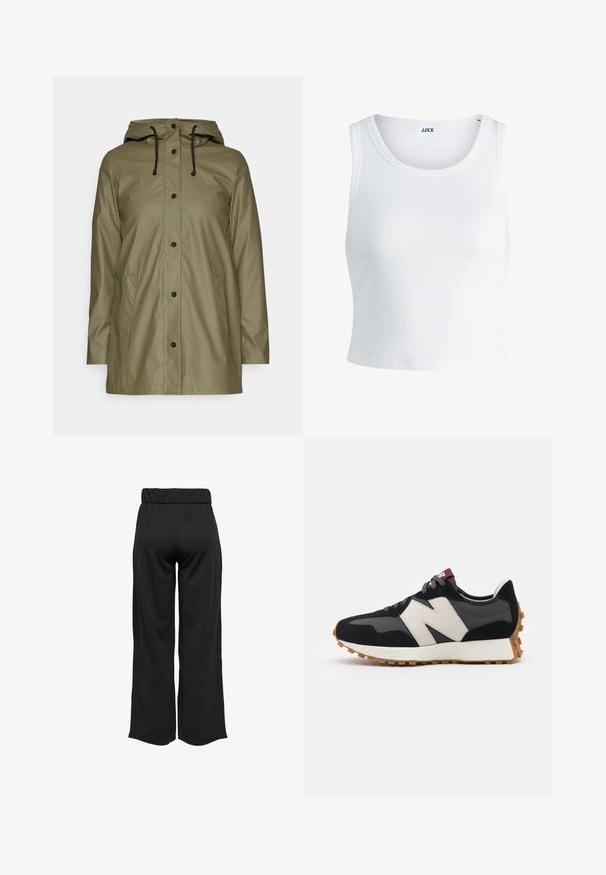 Alyvuogių spalvos atsparus vandeniui švarkas su kapišonu, juodais šnurais, spaudžių mygtukų užsegimu ir dviem šoninėmis kišenėmis; lygus, blizgus paviršius.; Balta raukšlėta tank top marškinėliai su apvaliu iškirpimu, be rankovių dizainu ir trumpa ilgio. Etiketėje parašyta "JJXX." Lygus audinio paviršius.; Juodos, plačios kelnės su elastinga juosta, pagamintos iš lygaus audinio. Pasižymi švariu dizainu, be kišenių ar matomų siūlių detalių.; Juoda ir pilka zomšinė sportinė avalynė su dideliu kreminiu "N" logotipu, violetinėmis raištelėmis ir tekstūruota gumos padu.