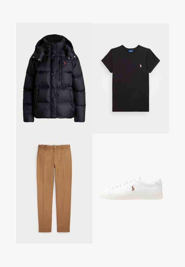 Casaco acolchoado preto com gola alta, capuz removível, fecho à frente, costuras horizontais e um logótipo vermelho no lado superior esquerdo.; T-shirt de algodão preto com decote redondo, mangas curtas e um logótipo bordado branco no lado esquerdo do peito. Textura suave, design casual.; Calças de algodão castanhas com um design slim-fit, frente lisa e bolsos standard; textura suave e bainhas com acabamento.; Sapatilhas de couro brancas, design de cano baixo, com textura suave, biqueira redonda, atacadores à frente e um pequeno logótipo bordado na lateral.